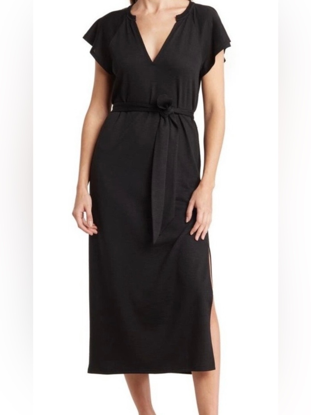 Paige blossom flutter sleeve belted light weight knit midi dress black sz m